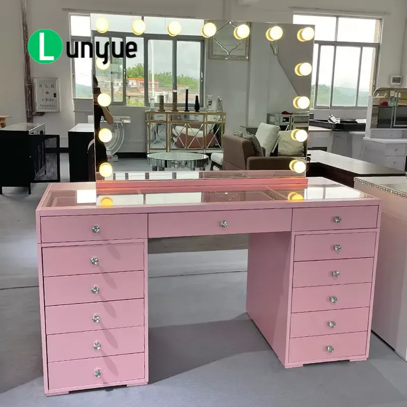 Beauty Makeup Vanity Set - Pink Wooden Dressing Table with Mirror